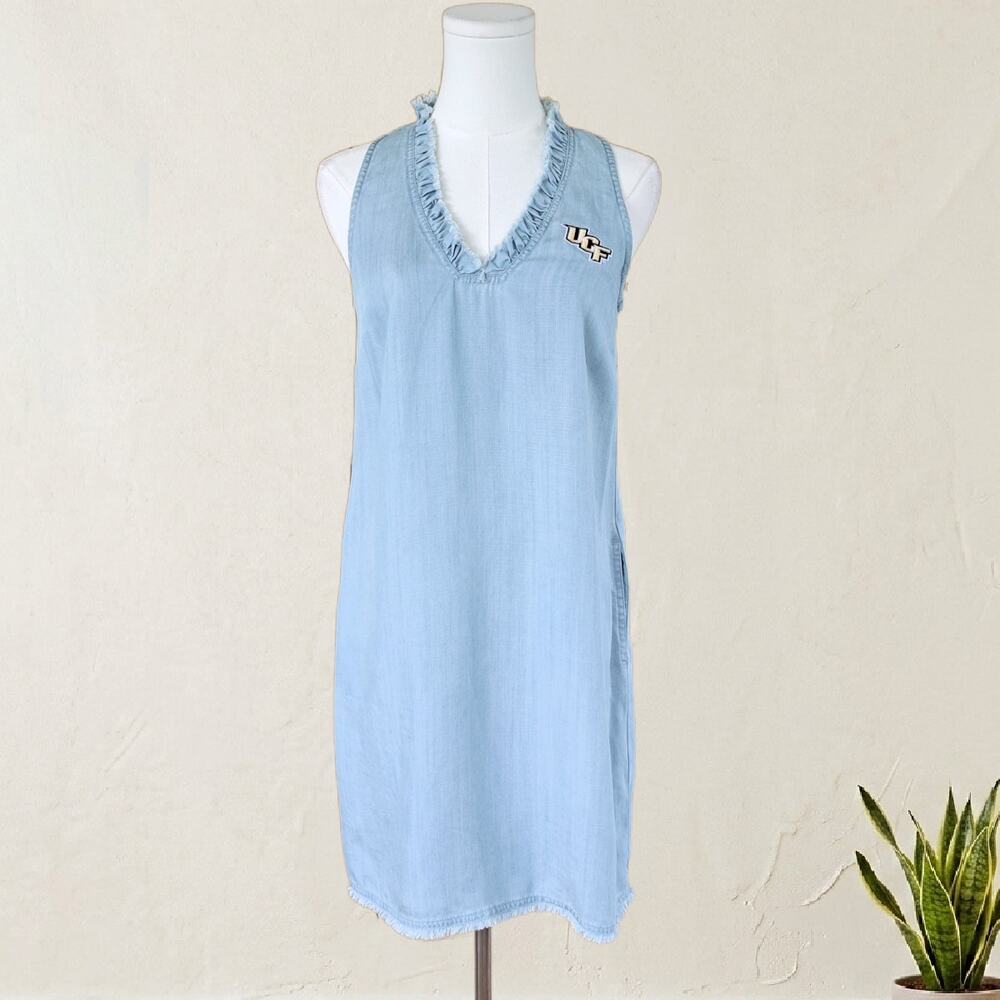 TOMMY BAHAMA Chambray Two Palms Ruffle Dress Size XS UCF Logo Light Blue